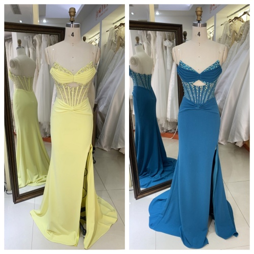 Hot Yellow Stylish with Pleated Satin Slit Rhinestone Elegant Women Prom Dresses