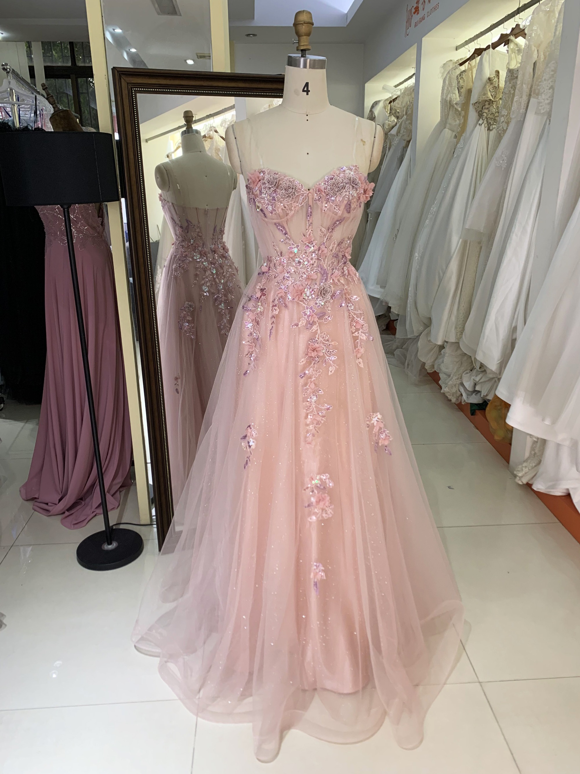 2026 Wholesale Pink Evening Dress Off-Shoulder Prom Dress with Lace Flower Embroidery Party-Style Natural Waistline