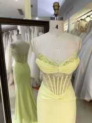 Hot Yellow Stylish with Pleated Satin Slit Rhinestone Elegant Women Prom Dresses