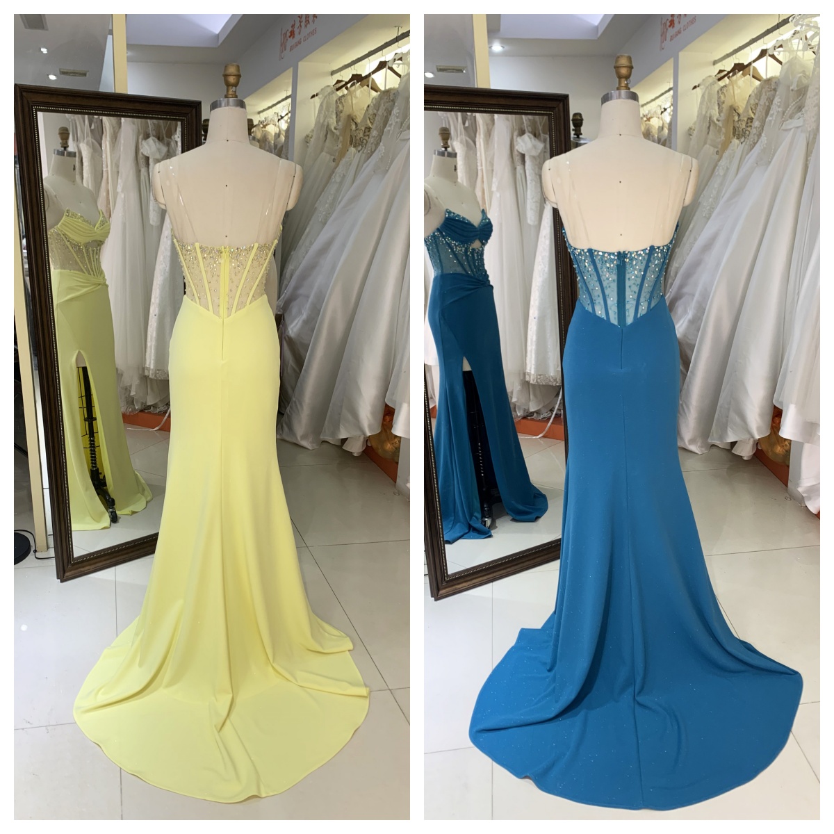 Hot Yellow Stylish with Pleated Satin Slit Rhinestone Elegant Women Prom Dresses