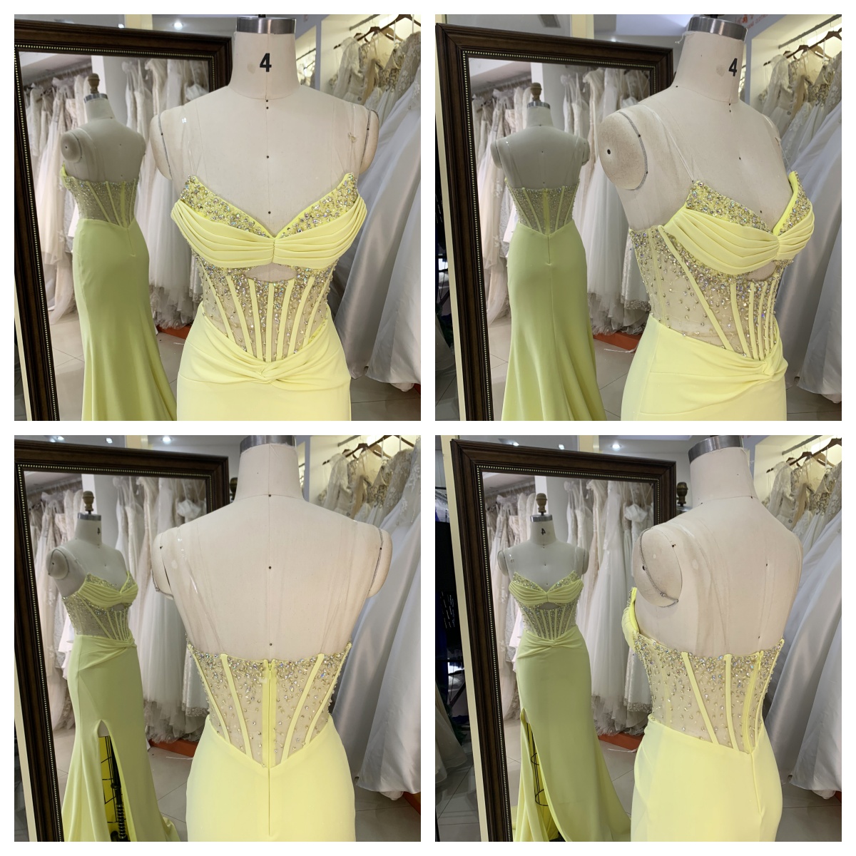 Hot Yellow Stylish with Pleated Satin Slit Rhinestone Elegant Women Prom Dresses