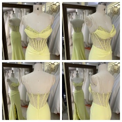 Hot Yellow Stylish with Pleated Satin Slit Rhinestone Elegant Women Prom Dresses