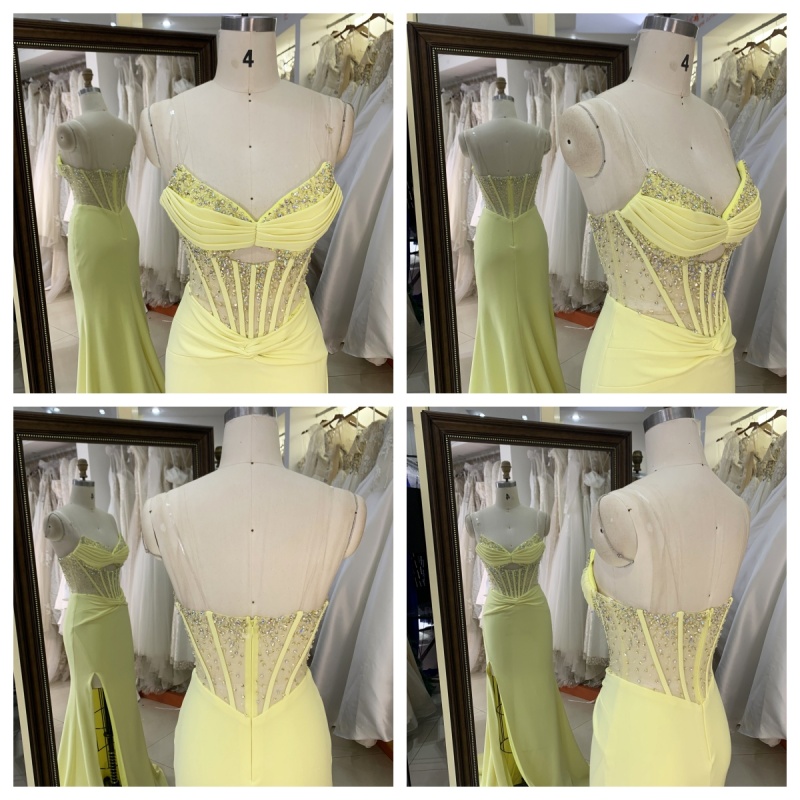 Hot Yellow Stylish with Pleated Satin Slit Rhinestone Elegant Women Prom Dresses