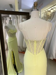 Hot Yellow Stylish with Pleated Satin Slit Rhinestone Elegant Women Prom Dresses