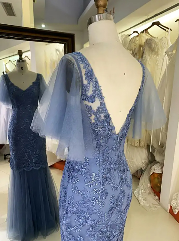 Dusty Blue V back mermaid lace embroidery beading puff sleeve tulle elegant evening mother of the bride dresses