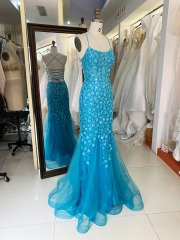 New 3D lace embroidery sleeveless mermaid fitted lace up back prom dresses
