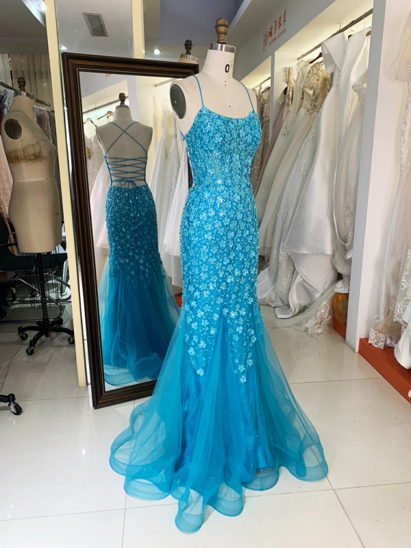 New 3D lace embroidery sleeveless mermaid fitted lace up back prom dresses