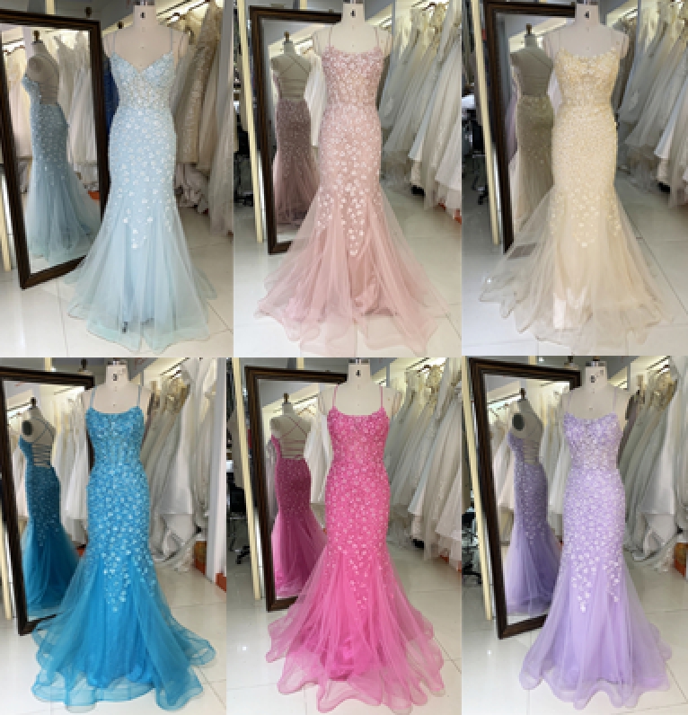 New 3D lace embroidery sleeveless mermaid fitted lace up back prom dresses