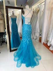 New 3D lace embroidery sleeveless mermaid fitted lace up back prom dresses