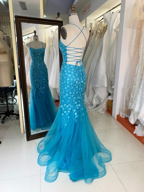 New 3D lace embroidery sleeveless mermaid fitted lace up back prom dresses