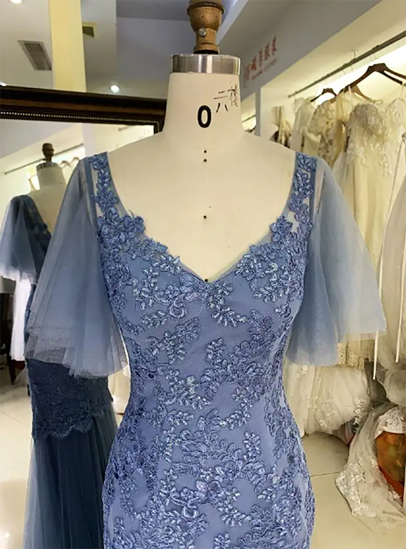 Dusty Blue V back mermaid lace embroidery beading puff sleeve tulle elegant evening mother of the bride dresses