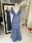 Dusty Blue V back mermaid lace embroidery beading puff sleeve tulle elegant evening mother of the bride dresses