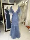 Dusty Blue V back mermaid lace embroidery beading puff sleeve tulle elegant evening mother of the bride dresses