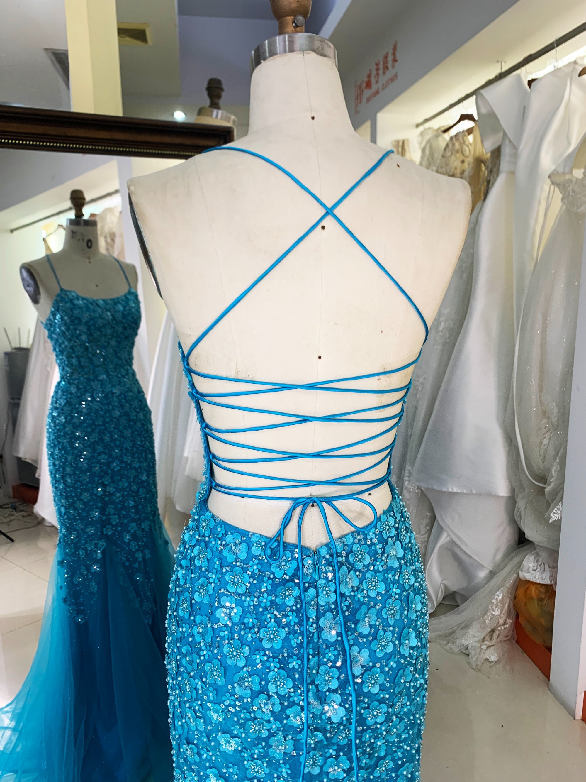 New 3D lace embroidery sleeveless mermaid fitted lace up back prom dresses