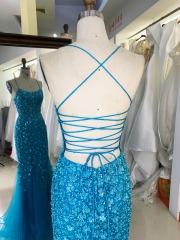 New 3D lace embroidery sleeveless mermaid fitted lace up back prom dresses