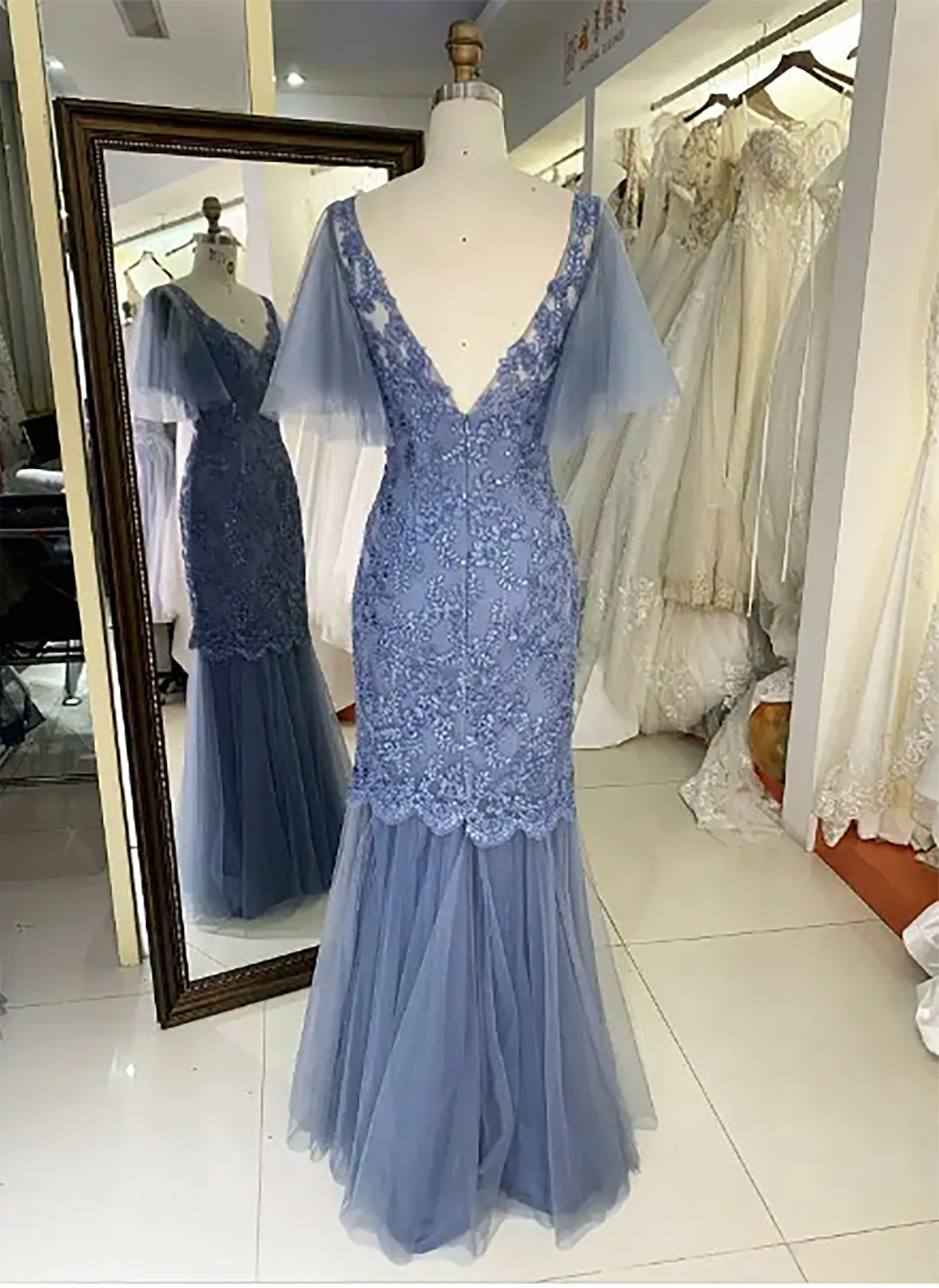 Dusty Blue V back mermaid lace embroidery beading puff sleeve tulle elegant evening mother of the bride dresses