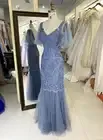 Dusty Blue V back mermaid lace embroidery beading puff sleeve tulle elegant evening mother of the bride dresses