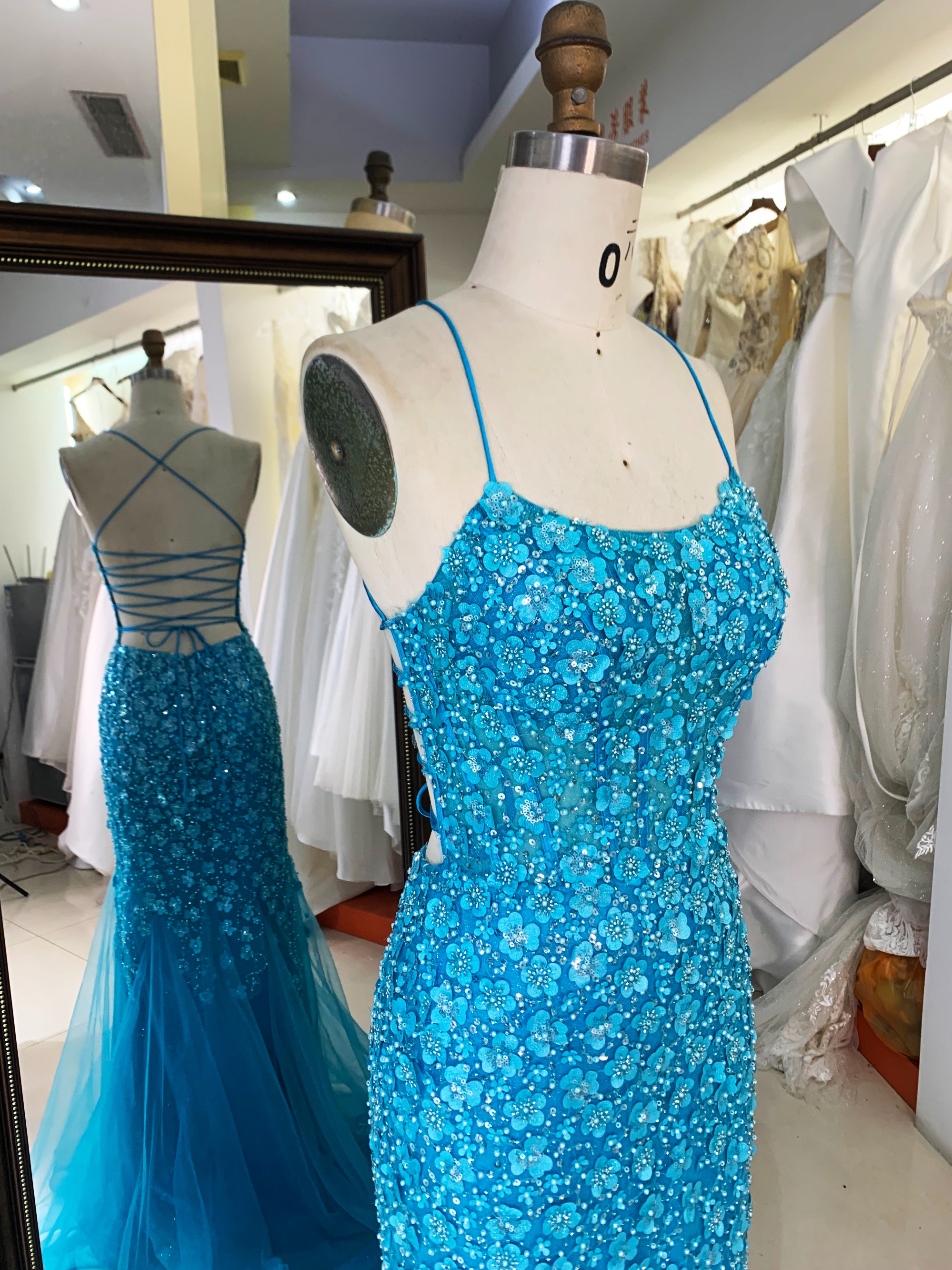 New 3D lace embroidery sleeveless mermaid fitted lace up back prom dresses