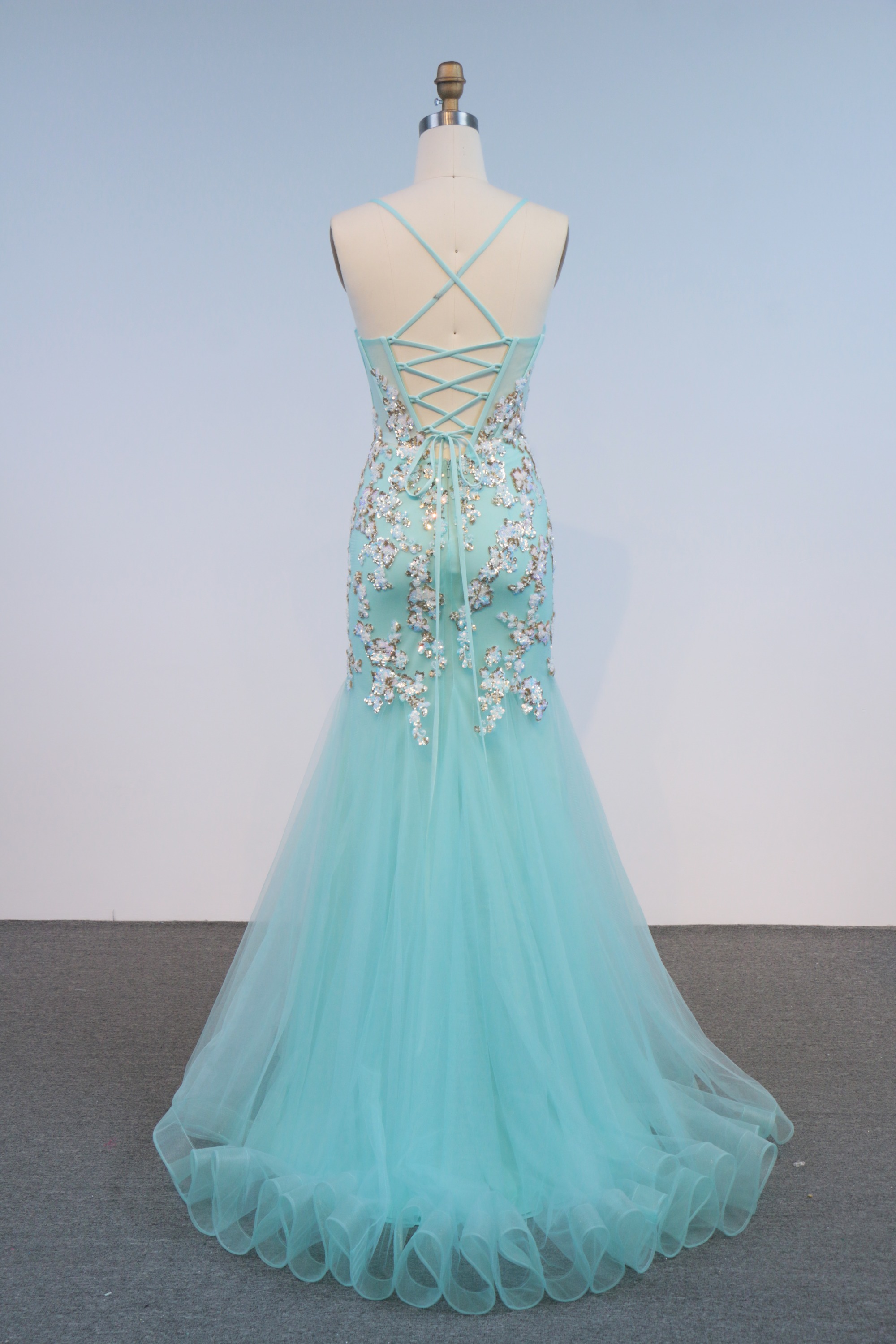 Turquoise Mermaid Embroidery Evening Party Gown Glitter Spaghetti Strap Crystal Prom Dress Sweep Floor-Length Princess