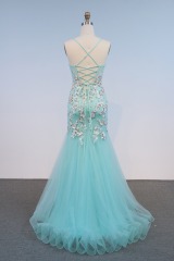 Turquoise Mermaid Embroidery Evening Party Gown Glitter Spaghetti Strap Crystal Prom Dress Sweep Floor-Length Princess