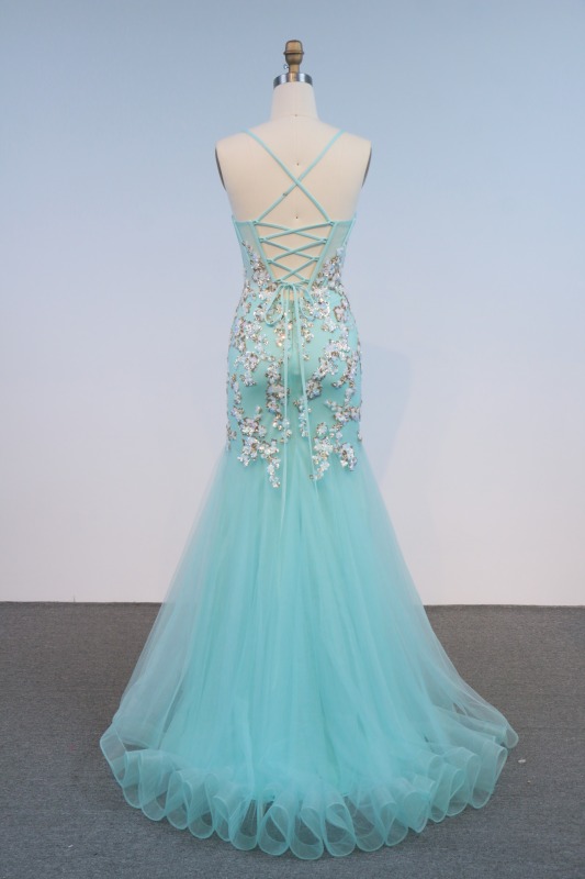 Turquoise Mermaid Embroidery Evening Party Gown Glitter Spaghetti Strap Crystal Prom Dress Sweep Floor-Length Princess