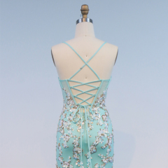 Turquoise Mermaid Embroidery Evening Party Gown Glitter Spaghetti Strap Crystal Prom Dress Sweep Floor-Length Princess