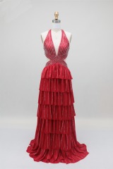 Wholesale Sexy Prom Dress off Shoulder With Silver Beading Chain Deep V Backless a Line Evening Dress for Women