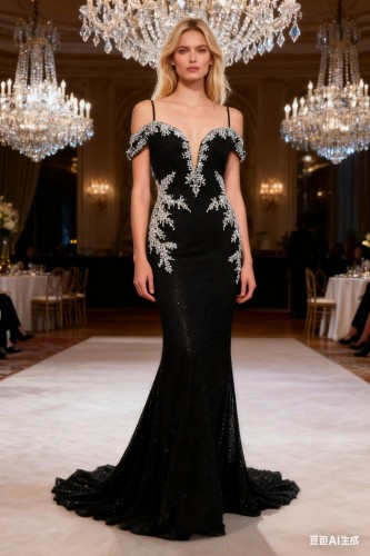 2025 Chic Deep V-Neck Long Mermaid Evening Gown with Backless Embellishment Contrast Color Applique Party Style Natural