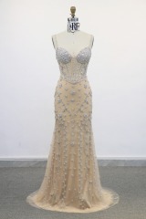 Full Beaded by Hand Made Beaded Straps a Line Tulle Skirt Zipper Back Evening Dress Romantic and Sophisticated Prom Dresses