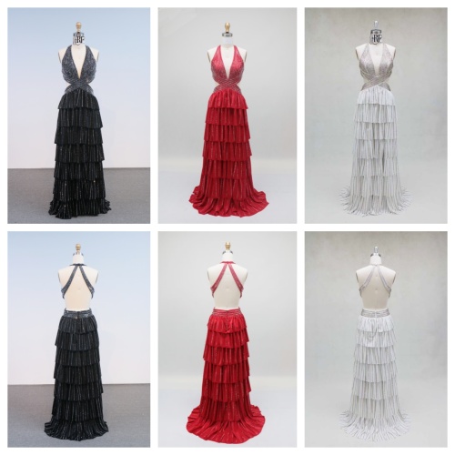 Wholesale Sexy Prom Dress off Shoulder With Silver Beading Chain Deep V Backless a Line Evening Dress for Women