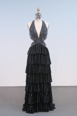 Wholesale Sexy Prom Dress off Shoulder With Silver Beading Chain Deep V Backless a Line Evening Dress for Women