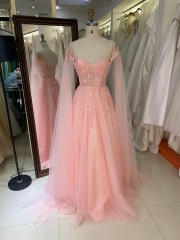 Sparkle Pink A-Line Evening Party Gown Glitter Spaghetti Strap Sweetheart Crystal Prom Dress Sweep Floor-Length Princess