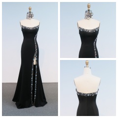 Chic Black Square Neck Mermaid Evening Gown Long with High Slit Beads Backless Embellishment Romantic Party Style