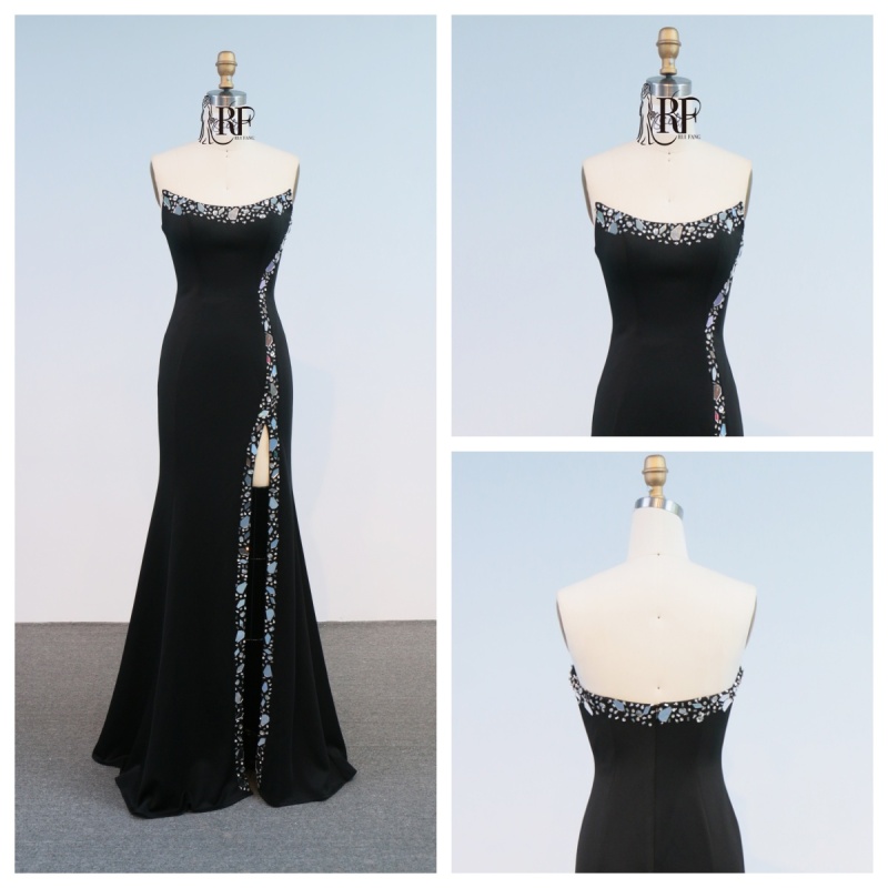 Chic Black Square Neck Mermaid Evening Gown Long with High Slit Beads Backless Embellishment Romantic Party Style