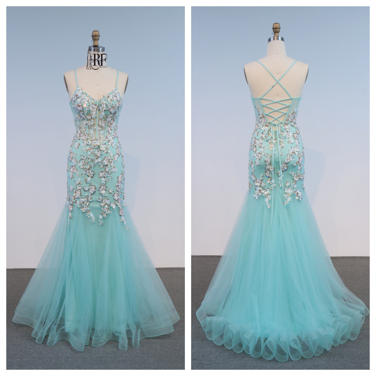 Turquoise Mermaid Embroidery Evening Party Gown Glitter Spaghetti Strap Crystal Prom Dress Sweep Floor-Length Princess