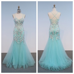 Turquoise Mermaid Embroidery Evening Party Gown Glitter Spaghetti Strap Crystal Prom Dress Sweep Floor-Length Princess