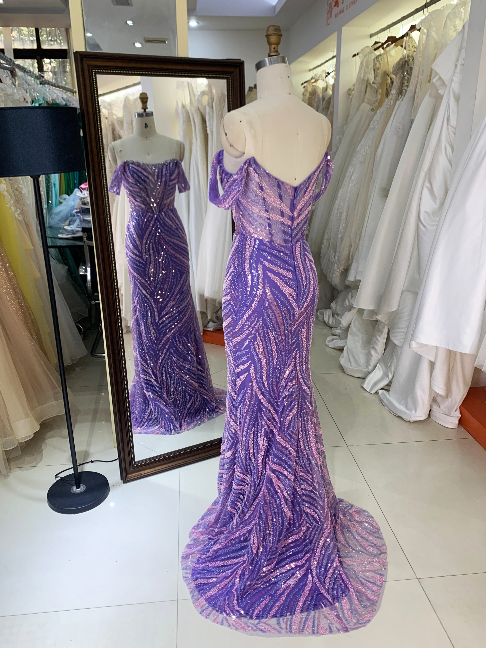 New America Wholesale LA Brand off Shoulder Beading African Dress Gown for Prom Dresses Purple