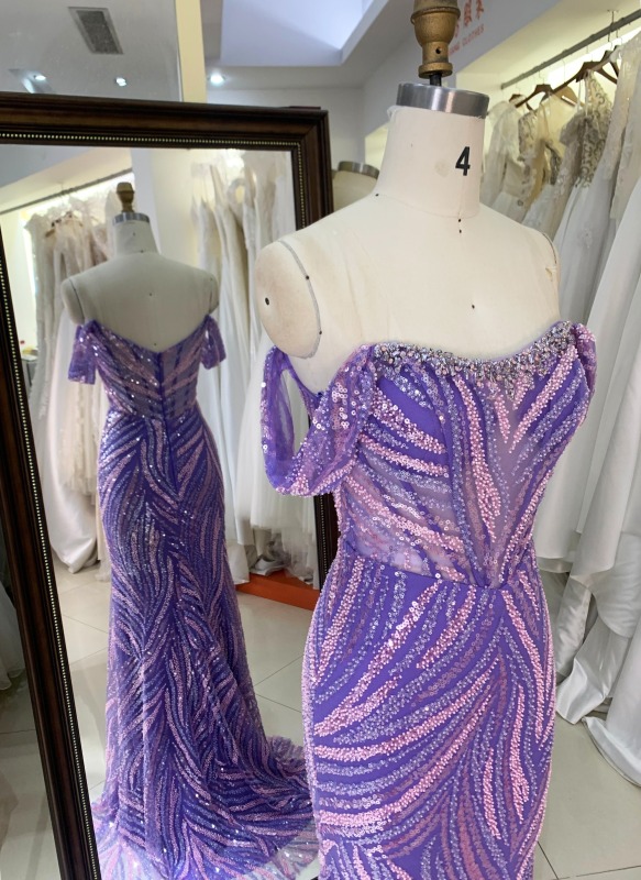 New America Wholesale LA Brand off Shoulder Beading African Dress Gown for Prom Dresses Purple