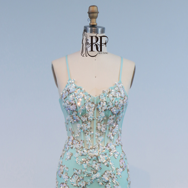 Turquoise Mermaid Embroidery Evening Party Gown Glitter Spaghetti Strap Crystal Prom Dress Sweep Floor-Length Princess