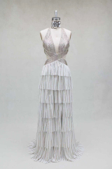 Wholesale Sexy Prom Dress off Shoulder With Silver Beading Chain Deep V Backless a Line Evening Dress for Women