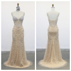 Full Beaded by Hand Made Beaded Straps a Line Tulle Skirt Zipper Back Evening Dress Romantic and Sophisticated Prom Dresses