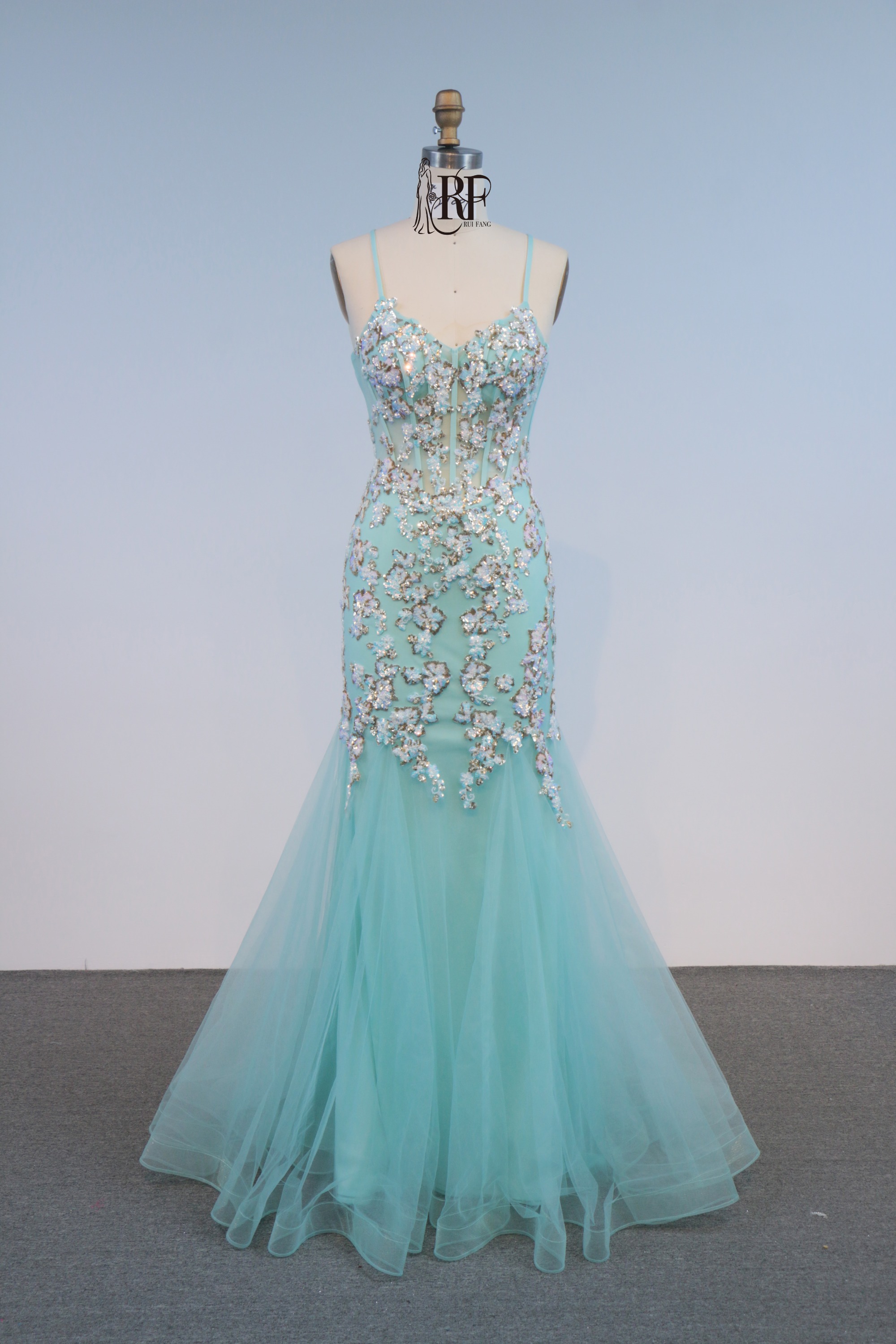 Turquoise Mermaid Embroidery Evening Party Gown Glitter Spaghetti Strap Crystal Prom Dress Sweep Floor-Length Princess