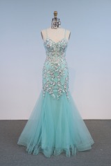 Turquoise Mermaid Embroidery Evening Party Gown Glitter Spaghetti Strap Crystal Prom Dress Sweep Floor-Length Princess