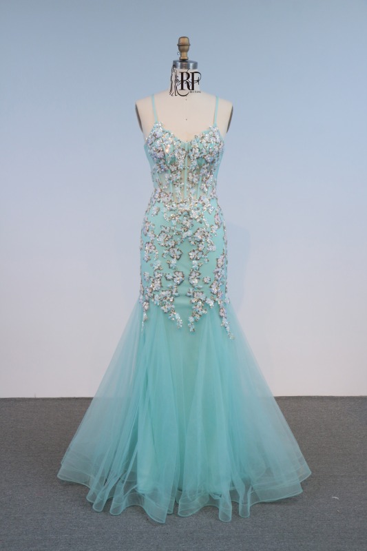 Turquoise Mermaid Embroidery Evening Party Gown Glitter Spaghetti Strap Crystal Prom Dress Sweep Floor-Length Princess