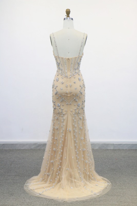 Full Beaded by Hand Made Beaded Straps a Line Tulle Skirt Zipper Back Evening Dress Romantic and Sophisticated Prom Dresses