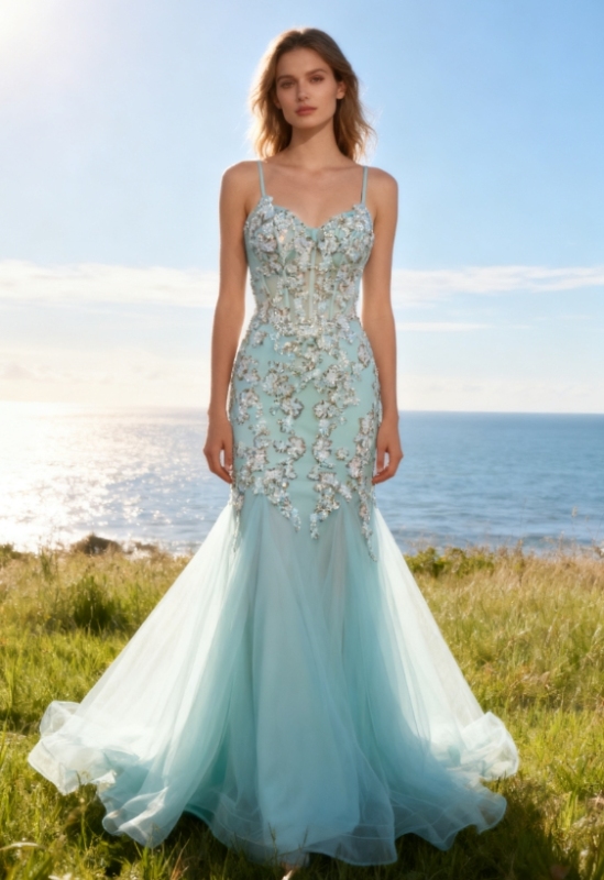 Turquoise Mermaid Embroidery Evening Party Gown Glitter Spaghetti Strap Crystal Prom Dress Sweep Floor-Length Princess