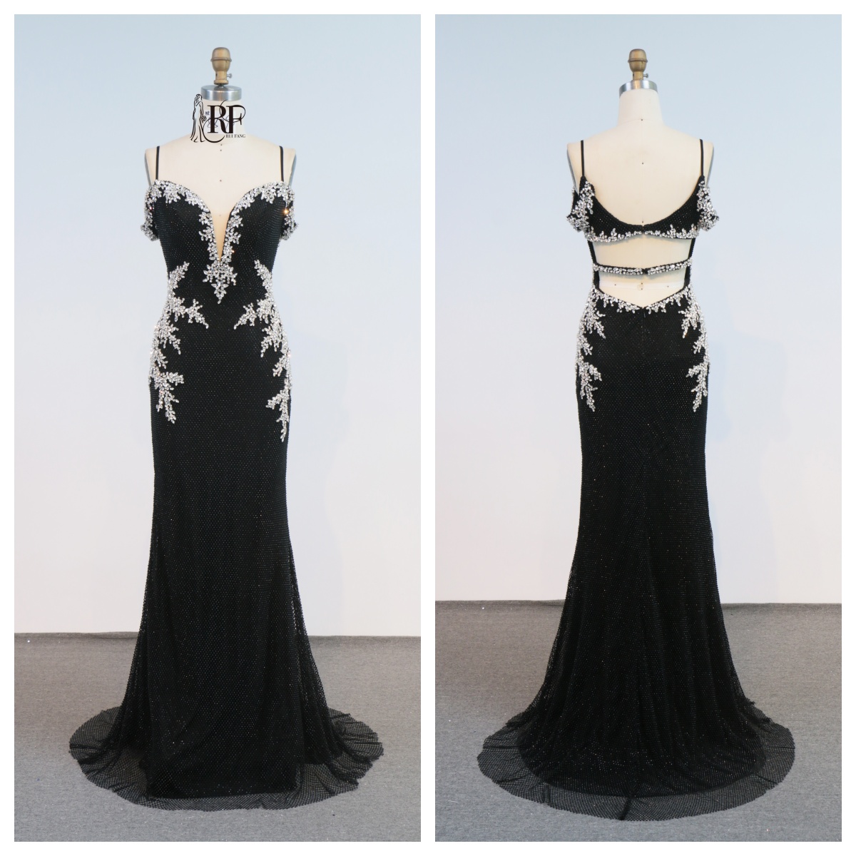 Chic Deep V-Neck Long Mermaid Evening Gown with Backless Embellishment Contrast Color Applique Party Style Natural