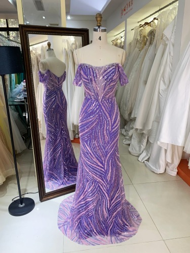 New America Wholesale LA Brand off Shoulder Beading African Dress Gown for Prom Dresses Purple