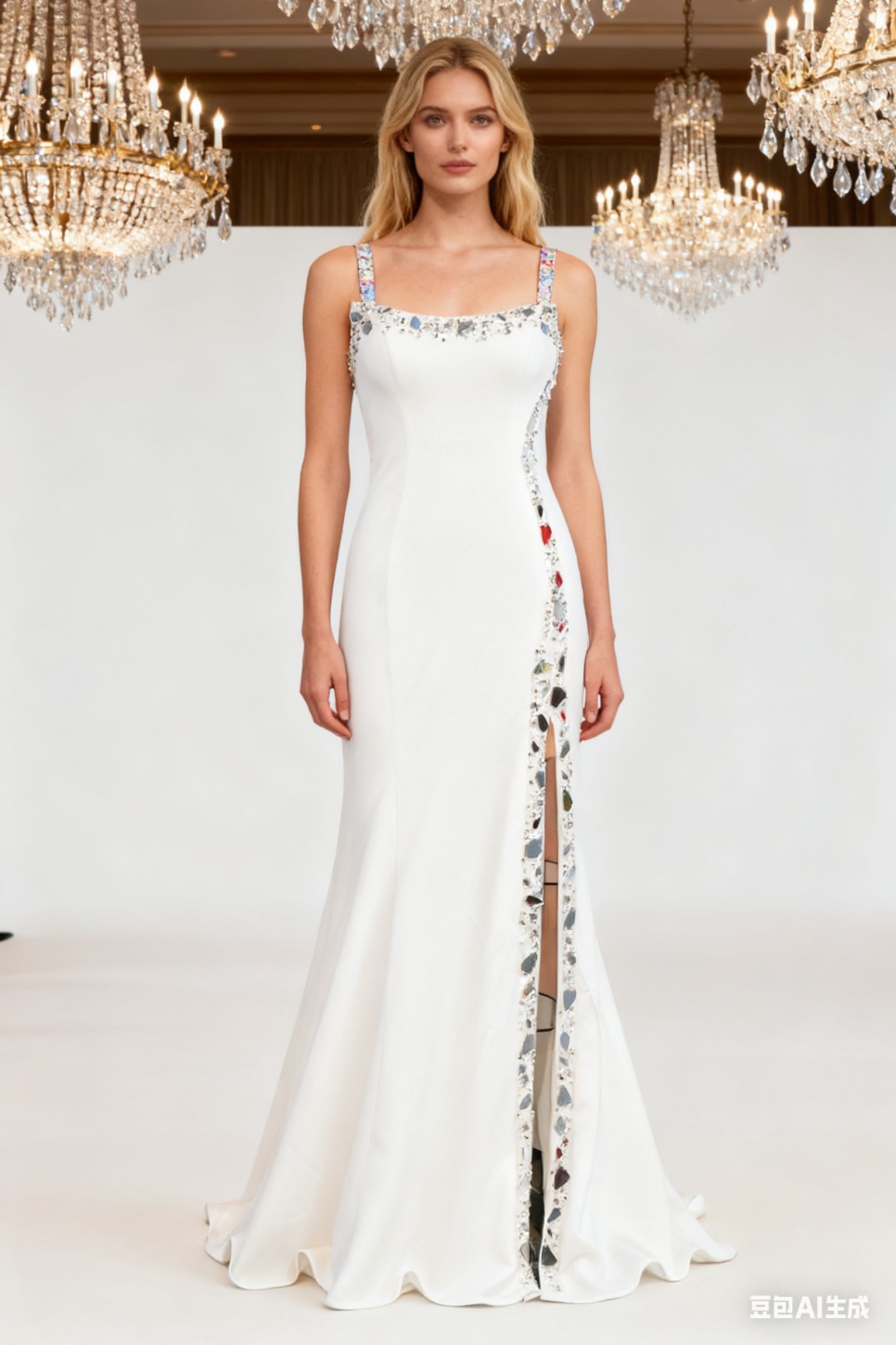 Chic Black Square Neck Mermaid Evening Gown Long with High Slit Beads Backless Embellishment Romantic Party Style