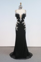 Chic Deep V-Neck Long Mermaid Evening Gown with Backless Embellishment Contrast Color Applique Party Style Natural